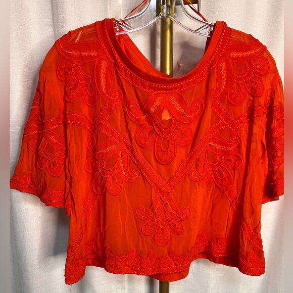 By Anthropologie Sheer Embroidered Boxy Top in Bright Red - Picture 4 of 7